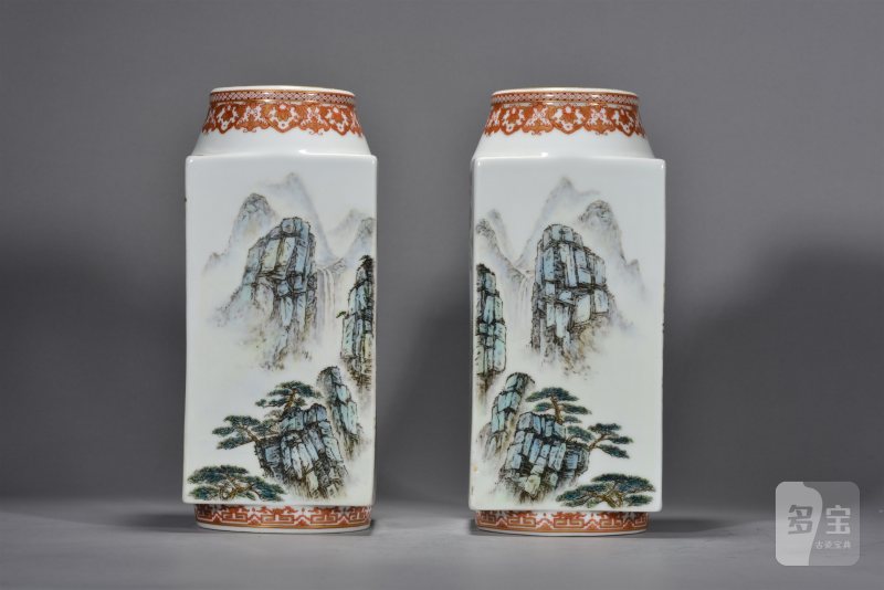近现代 粉彩山水花鸟琮式瓶一对 - 图9